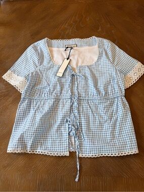 Bagatelle Light Blue Gingham Tie-Front Blouse with Lace Trim